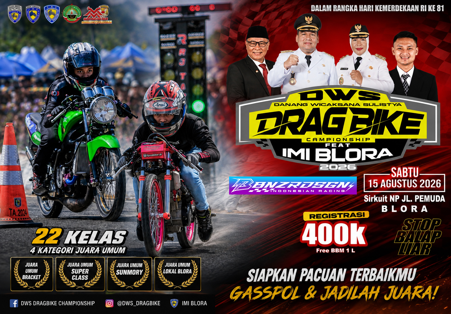 Agenda Balap: DWS Drag Bike Feat IMI Blora Gaspol Sabtu 15 Agustus 2026