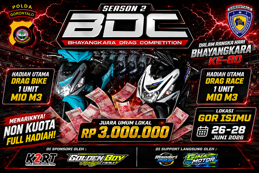 Season 2 Bhayangkara Drag Competition 2026 Siap Digelar di GOR Isimu, Hadiah 2 Unit Mio M3 dan Bonus Juara Umum Lokal